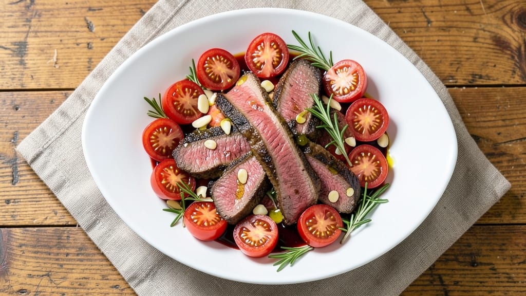 Beefsteak Tomato Salad Recipe: Smoky Charred Tomatoes Over Juicy Strip Steak Bites
