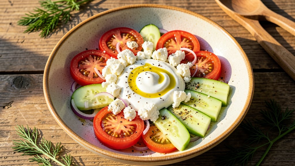 Bulgarian Shopska Salad Recipe: Crisp Celery Crowns Over Tangy Yogurt Bliss