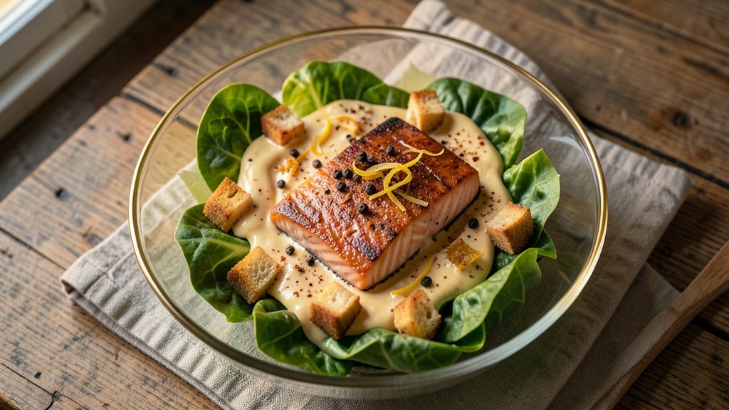 Caesar Salad With Salmon Secret Recipe: Pan-Seared Salmon Over Crispy Croutons