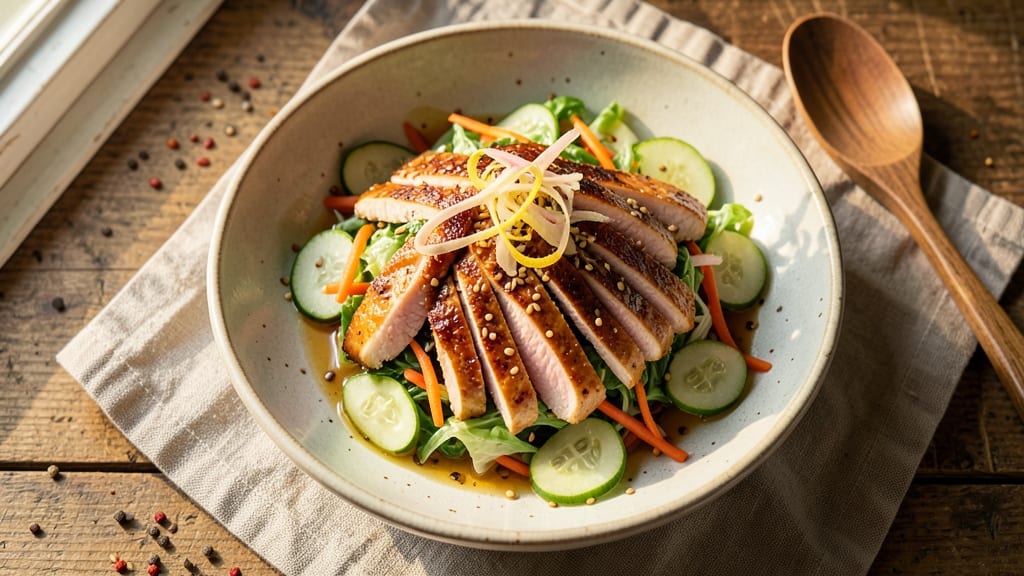 Asian Chopped Chicken Salad Recipe: Crispy Sesame-Ginger Chicken Over Cooling Cucumber Crunch