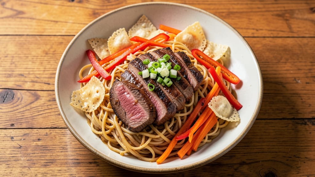 Asian Beef Noodle Salad Recipe: Crispy Wonton Strips and Tangy Sesame Dressing