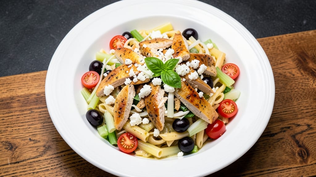 Costco Rotisserie Chicken Greek Pasta Salad Recipe: Shredded Chicken, Crisp Celery Crowns, and Zesty Lemon-Oregano Bliss