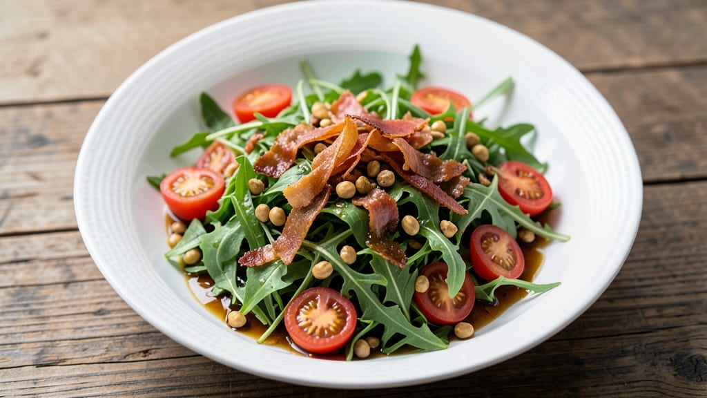Arugula Tomato Salad Recipe: Bright Balsamic Kiss With Crispy Pancetta Bites