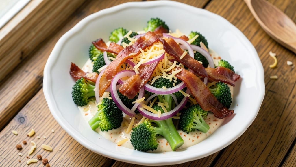 Broccoli Salad Recipe with Bacon Red Onion and Cheddar Cheese: Crispy Bacon Bites and Creamy Cheese Bliss