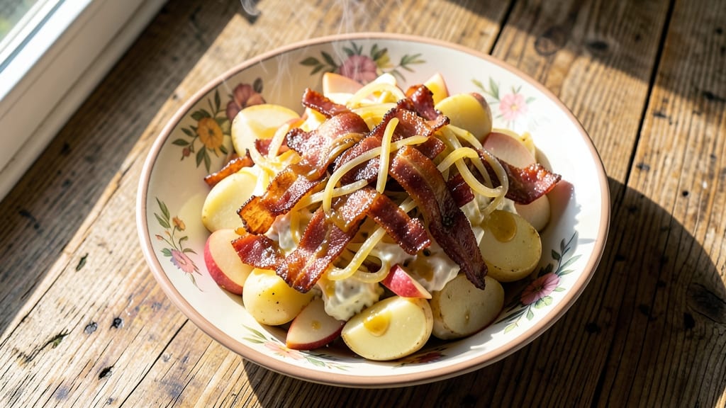 Old Fashioned German Potato Salad Recipe with Bacon: Smoky Bacon Crunch Over Creamy Mustard Dressing